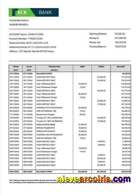 Kenya KCB Bank account statement Word and PDF